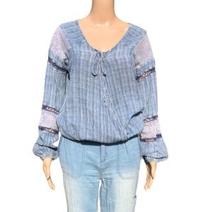 BOHO denim look top with lace and cut out detailing Sz s